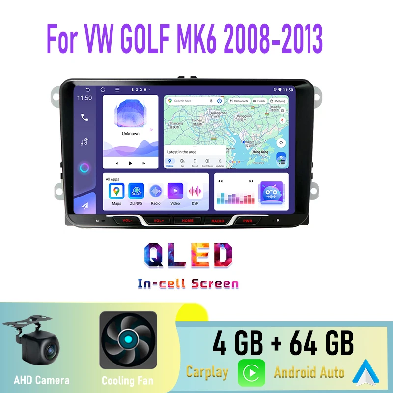 

9" 4GB+64GB For VW Golf MK6 2008-2013 Car Radio 2DIN Google Map Head Unit GPS Android 15 Auto Canbus Bluetooth