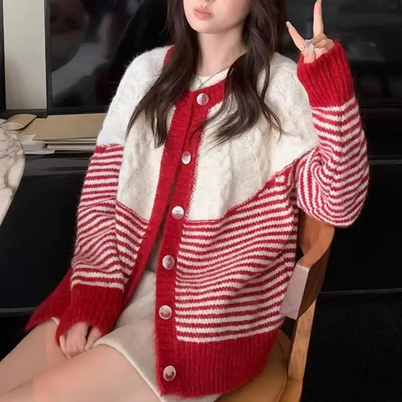 

Модный женский свитер в полоску, весна-осень, новый, мягкий, винтажный, свободный, укороченный, вязаный кардиган, повседневный хлопковый вязаный кардиган