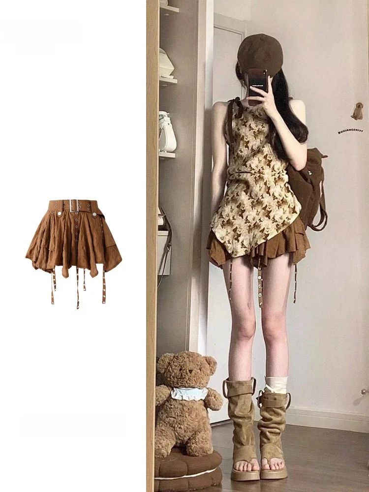 Brązowa, oversize'owa plisowana spódnica damska, jesienna, z wysokim stanem, sukienka ort Gown z Sa Vintage Sle Commute, jednolita spódnica w kształcie litery A.