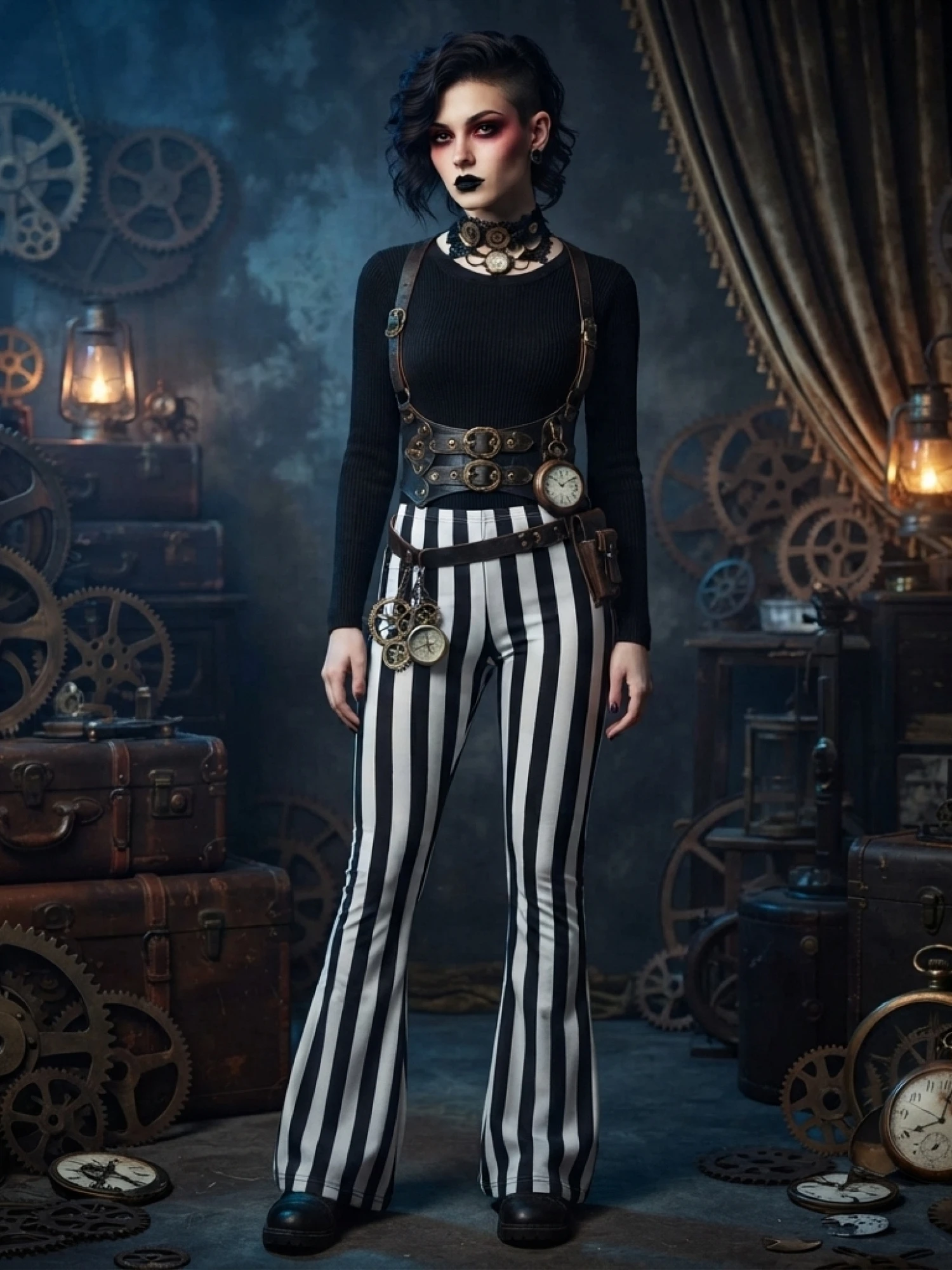 Women’s Striped Flare Pants Loose Wide Leg Elastic Waist  Fit Trousers