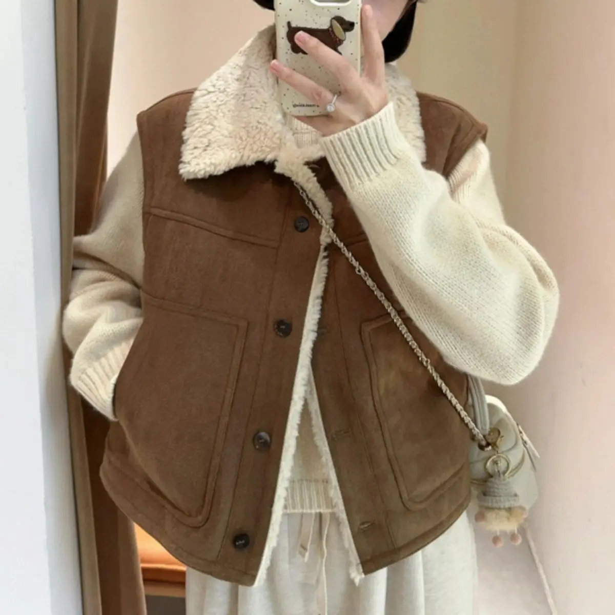 

Корейский стиль, жилет из овечьей шерсти, женский модный топ, новая осенне-зимняя свободная повседневная верхняя одежда, короткое пальто