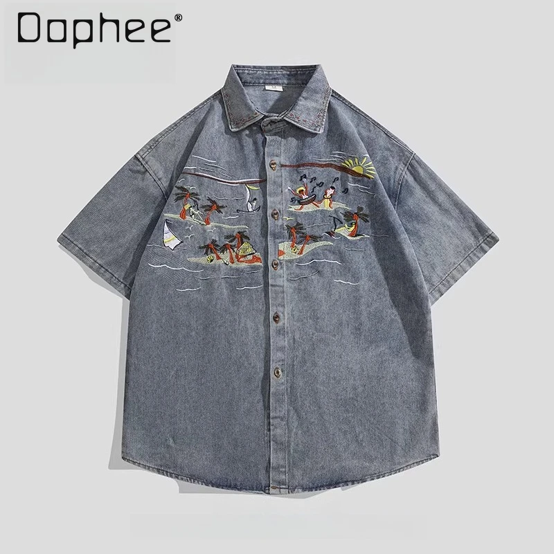 

Summer New American Retro Style Embroidered Lapel Collar Short-sleeved Blue Denim Shirt Men's Loose Casual Tooling Shirt