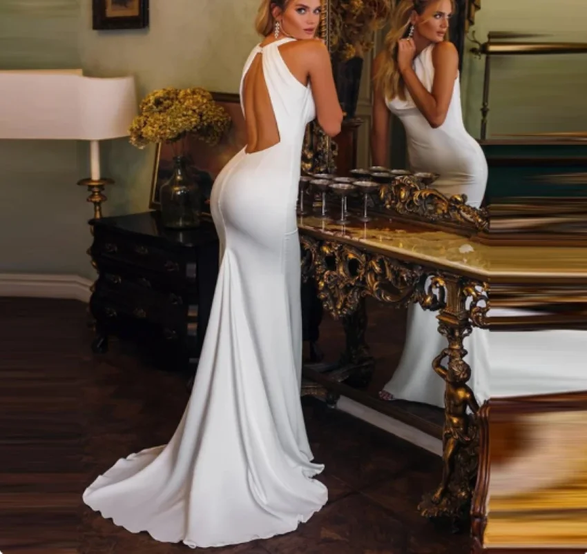Othray Backless Bridal Gowns Floor Length Vestidos de Novia New Sexy Mermaid Wedding Dress Simple Halter Neck Sleeveless