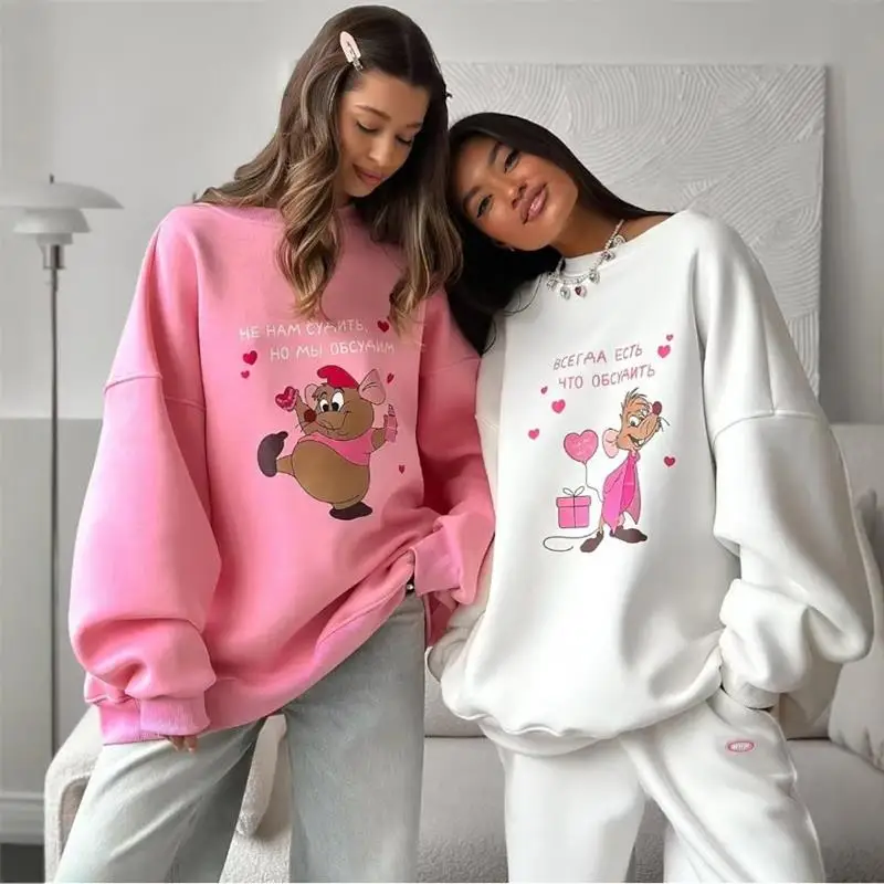 

Casual Cartoon Loose Women's Hoodie Sweatshirt Street Style Long Sleeve round Neck Print Top Fashionable Loose Fit