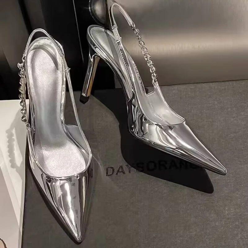 Shiny High Heels Slingback Silver Women Pumps Metallic Crystal Sandals Pointy Toe Stiletto Heeled Shoes Party Dress Shoes Woman