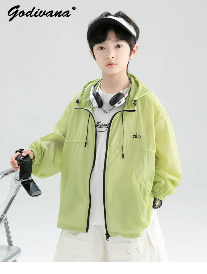 

Boys 2026 New Summer Cool Feeling Sun Protection Hooded Jacket Kids Sporty Sunscreen Thin Long Sleeve Trendy Breathable Top