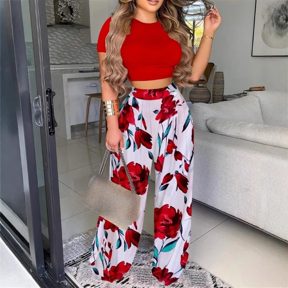 Summer Women's Fashionable Red Round Neck Short Sleeved Slim Fit Top T-shirt High Waist Printed Wide Leg Pants 2-piece Set 3XL 