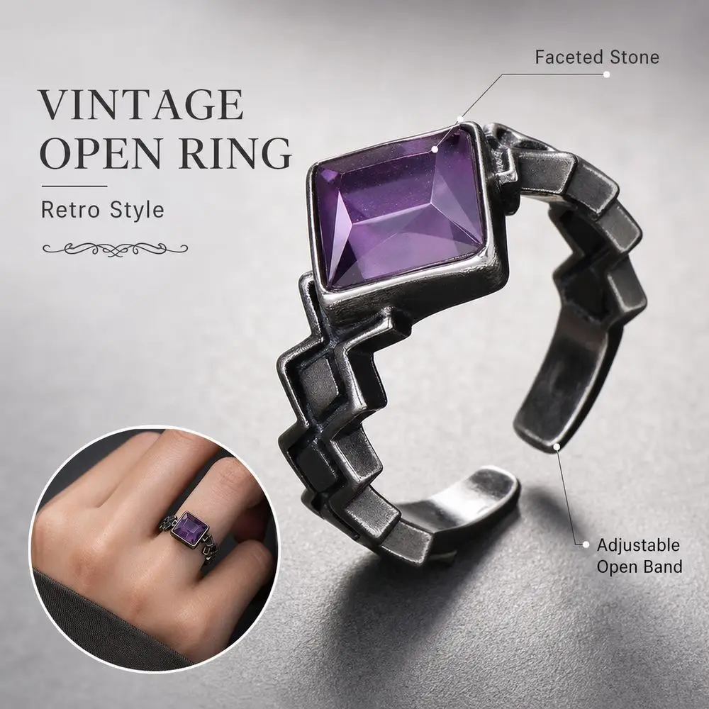 Retro Style Crystal Ring Punk Style White Crystal Amethyst Ring Vintage Look Handcrafted Design Handmade Jewelry