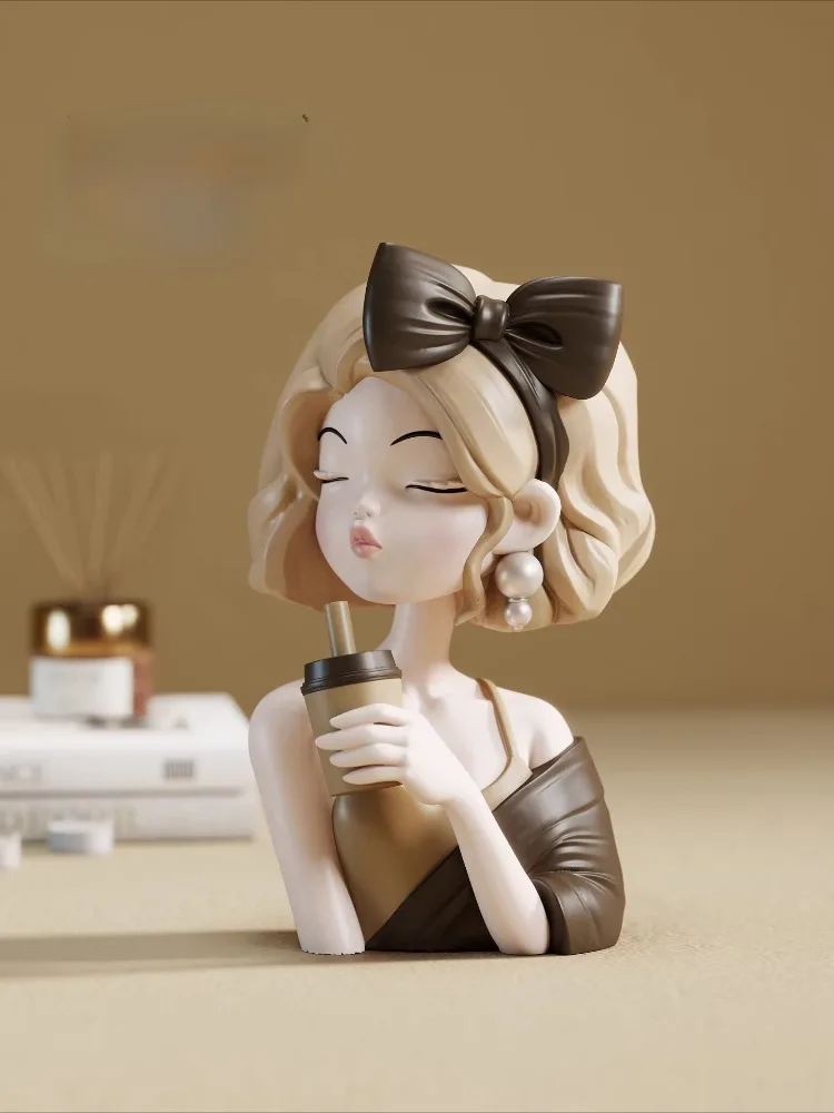 Creative Coffee Girl Figure Sculpture Modern Living Room Desktop Decoration Resin Crafts Cartoon Girl Model Home Decor Gift