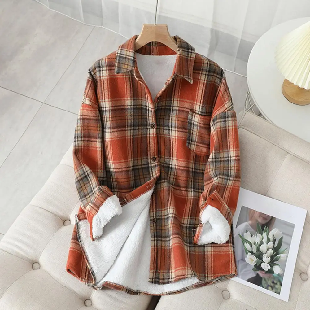 Thickened Fluffy Lining Plaid Print Shirt Jacket Thickened Fluffy Lining Women Blouses Woolen Cardigan Winter Warm Cardigan Coat