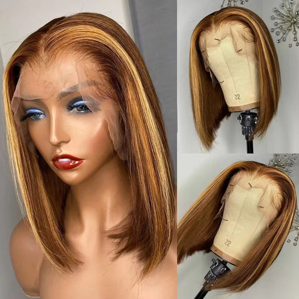 Perruque Lace Closure Wig Naturelle Lisse, Cheveux Humains, Transparent, Sans Colle, 6x6, Ombrée, Highlight, Bob, pour Femme