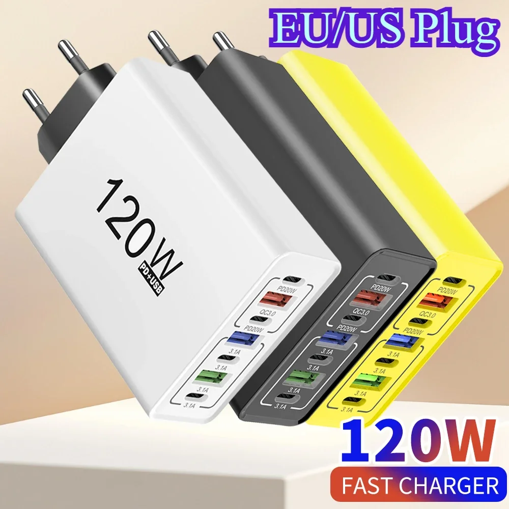 

GEFENIS Total 120W USB C Charger Multi Ports Fast Charge Type C Phone Adapter For IPhone Samsung Xiaomi Huawei EU/US Plug Wall C