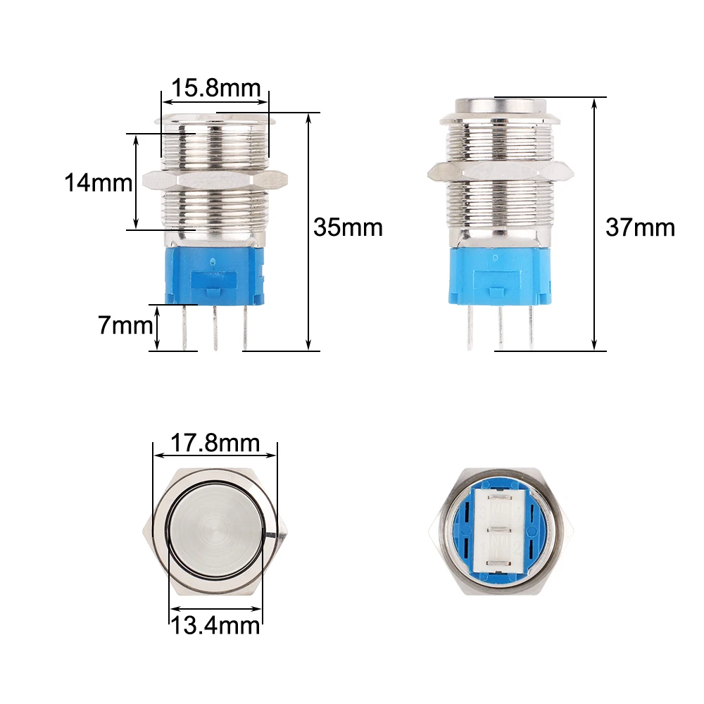 1pc 16mm Mini Metal Push Button Switch Waterproof Momentary Self Reset Oxidation Blue Green High Flat Round 3A/250V