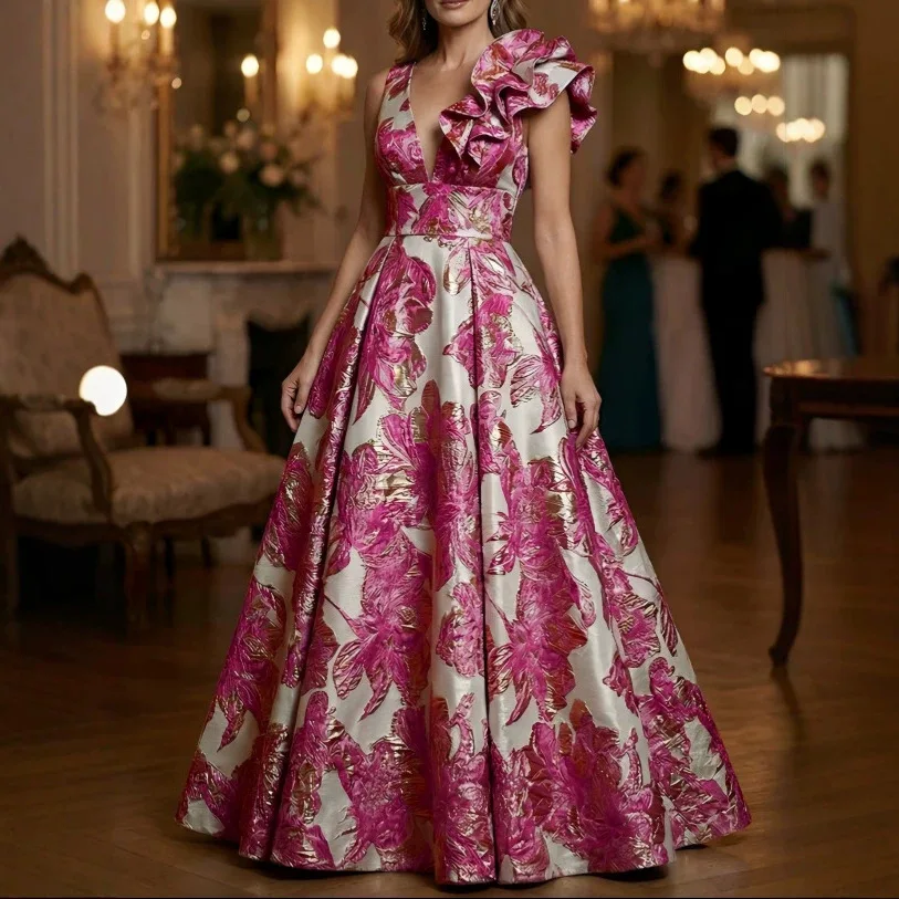QMANSHA Custom Fuchsia Floral Jacquard Evening Dress One Shoulder Ruffle Deep V-Neck A-Line Formal Prom Gown Plus Size for Women