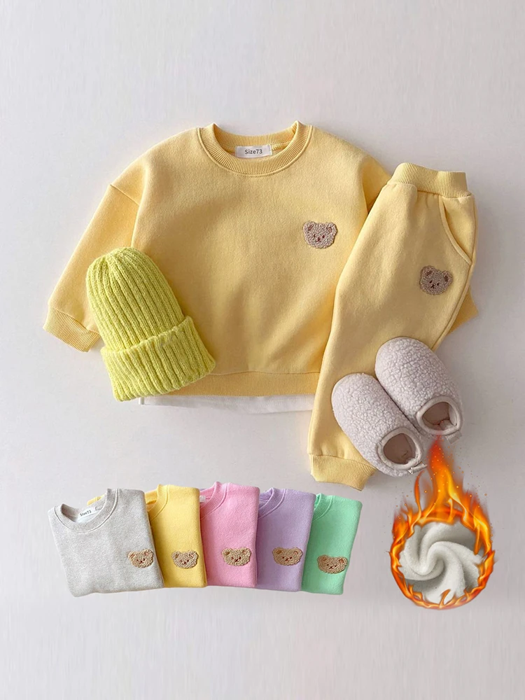 Korean Kids Bear Embroidery Fleece Pullover Set 1-5yrs Sweatshirt Tops+Harem Jogger Pants Suits 2pcs Girls Fleece Lined Clothes