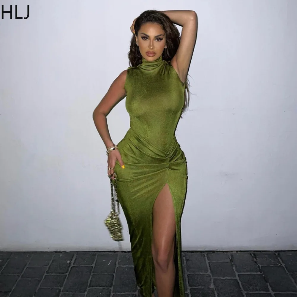 

HLJ Elegant Midi Dress Women Turtleneck Sleeveless Ruched 2024 INS Trendy Skinny High Split Maxi Bodycon Birthday Party Clubwear