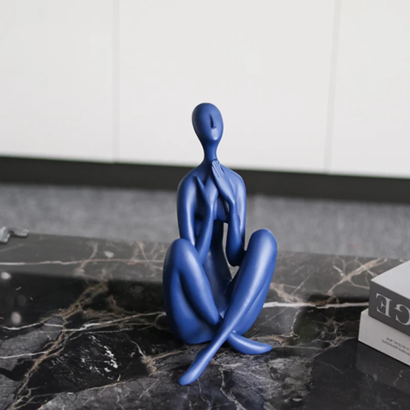 Modern Abstract Blue Resin Meditating Figure Sculptures for Home Decor in Living Room
