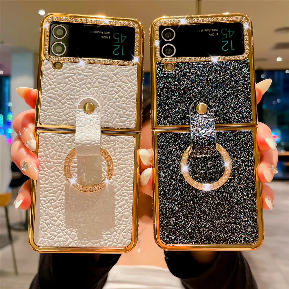 Luxury Glitter Gold Ring Cover Diamond Case For Samsung Galaxy Z Flip 6 Flip 4 Leather Case For Samsung Galaxy Z Flip 5 Z Flip 3
