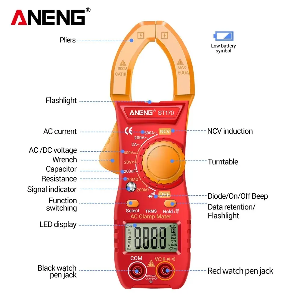 Aneng st170クランプメーターマルチメーターhdバックライト表示画面付きミニアンペリメートクランプテスター非接触電気技師ツール