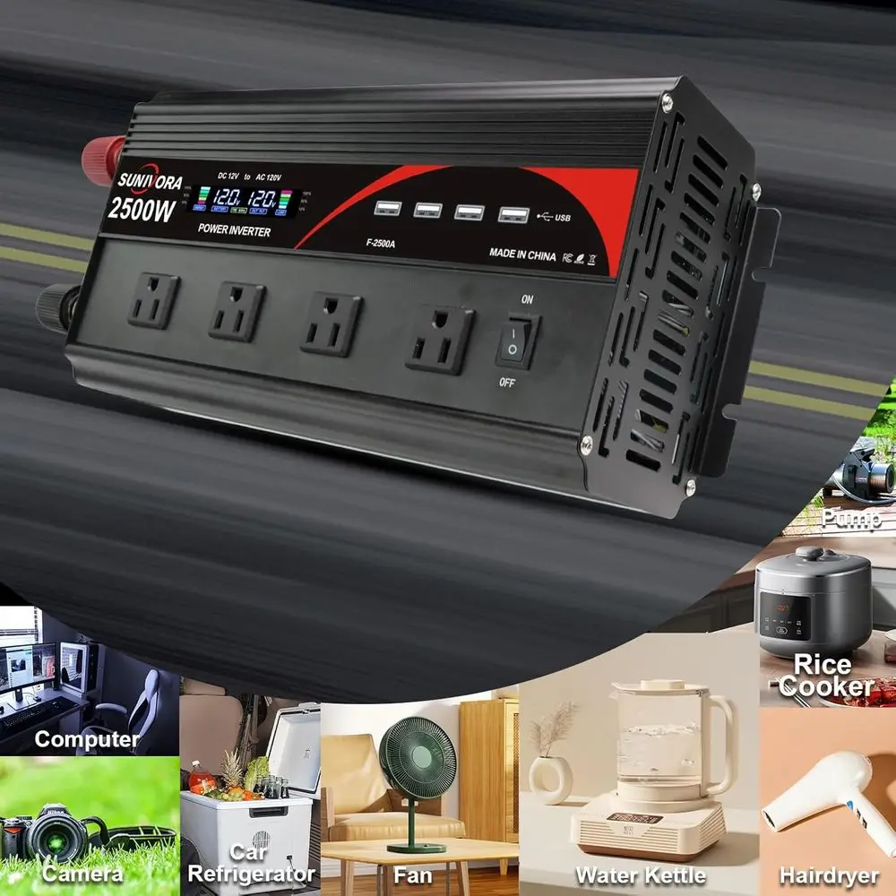 2500 Watt Inverter with LCD Display & Remote Control 12V DC to 110V/120V AC Converter Peak Power 5000W Car Inverter with 4 Socke
