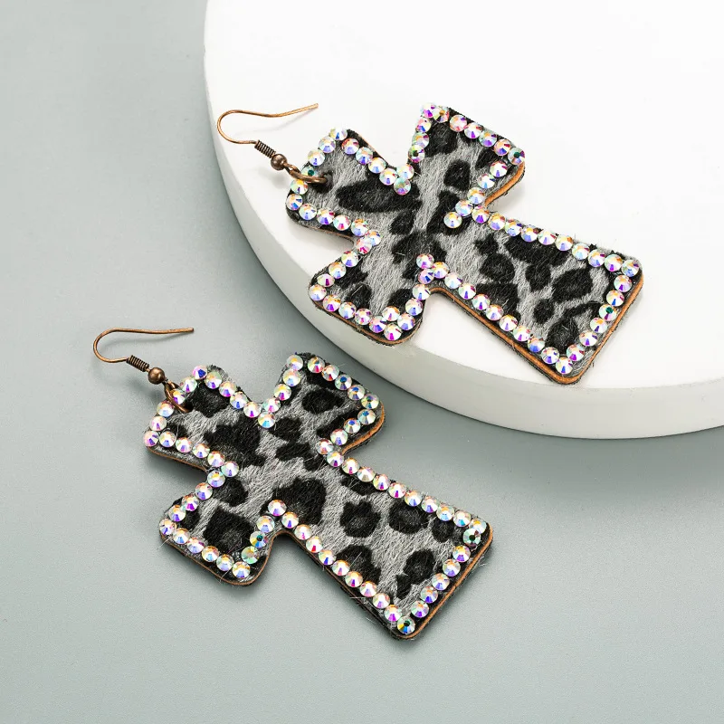 Exaggerated Cross Shaped Double-sided Printed Leopard Print Earrings Genuine Leather Vintage Ins Earrings Leopard Print Earrings