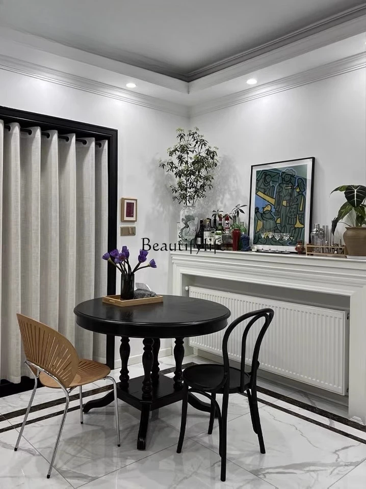 04*French retro black round dining table American solid wood telescopic