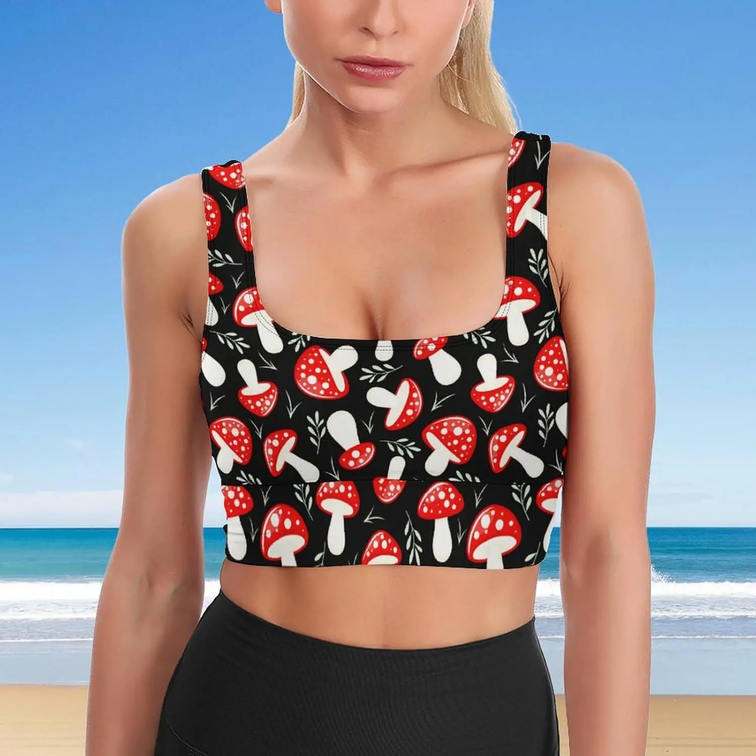 Sports Bras for Women Mushroom Yoga Bra Wireless Back Smoothing Ladies Racerback Workout Bras Tank Tops with Padded