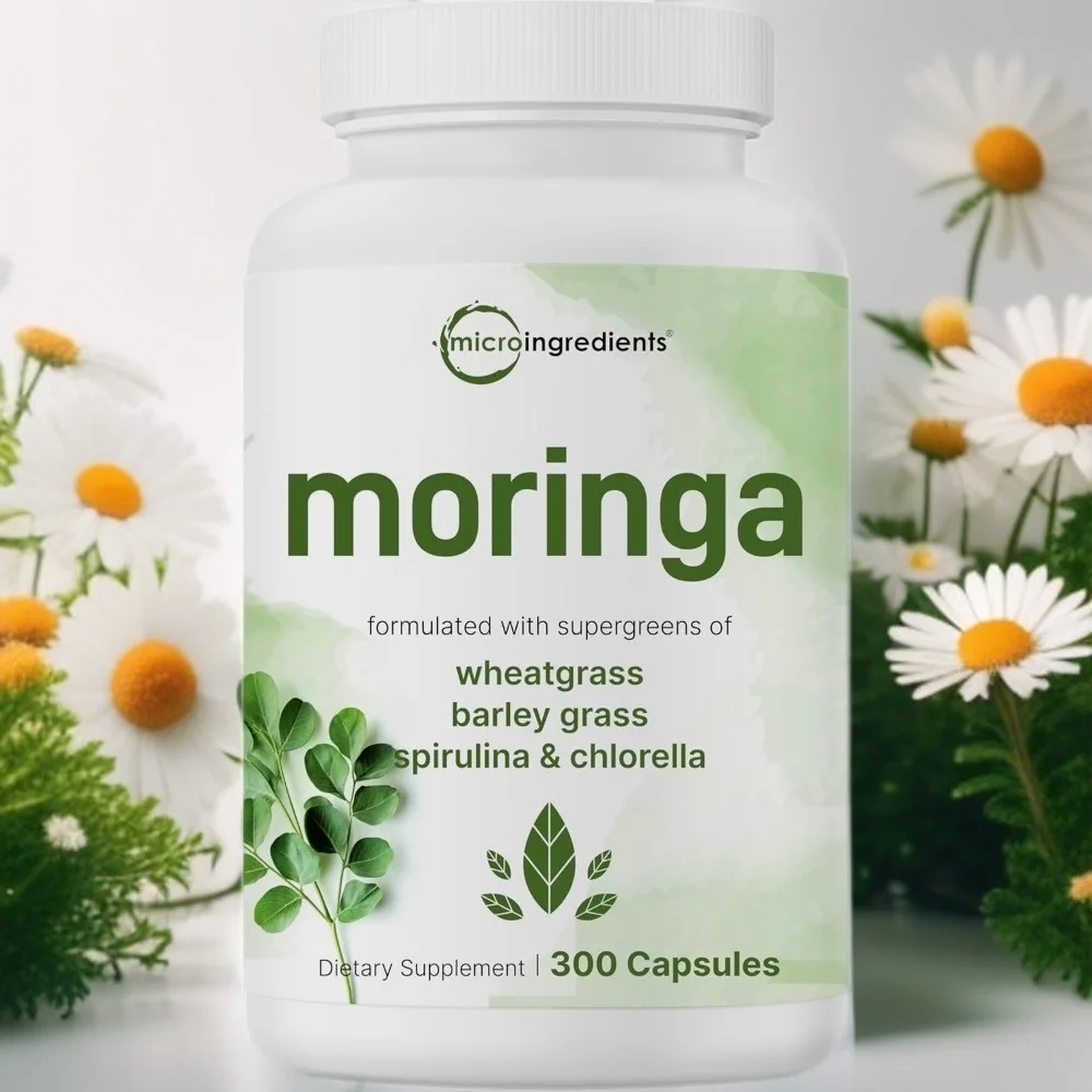 Moringa Oleifera 300 Cápsulas Mezcla de Supergreens, Pasto de Trigo, Pasto de Cebada, Espirulina, Chlorella, Energía, Apoyo Inmunológico, Nutrición