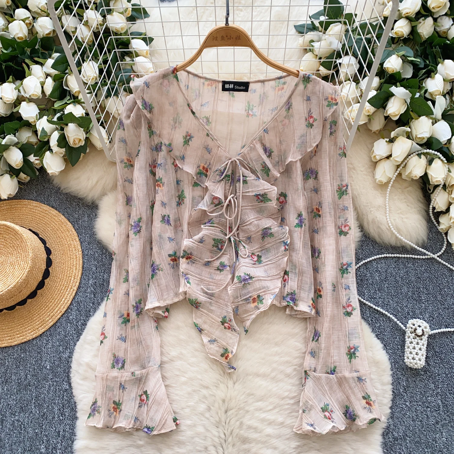 Verão elegante blusa para mulheres malha gravata plissado feminino topos praia férias fina colheita topos novo em 2025 chique pura bandagem