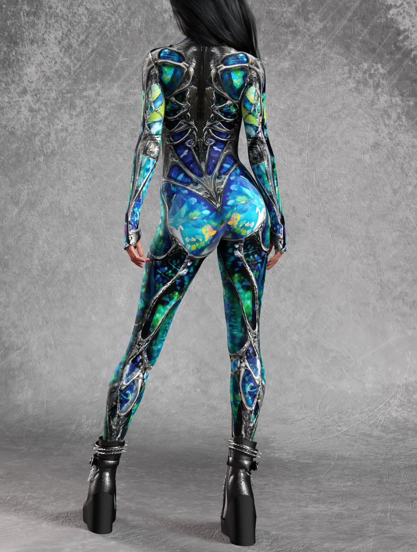 Damen Punk-Print Jumpsuit mit Unregelmäßigen Linien für Erwachsene, Cosplay-Bodysuit für Halloween, Karneval, Party, Auftritt, Radsport, Catsuit, Romper – Detail 5