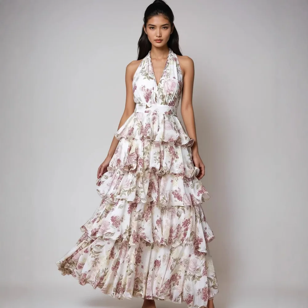 

2026 Spring New Arrival Women's Sling Dress - Sexy V-Neck Layered Printed Midi Dress | European Hot Sale Fashion