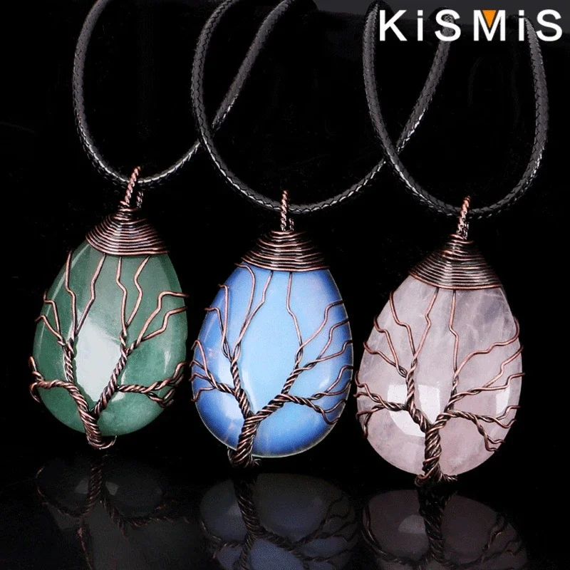 KISMIS 1PC Natural Stone Crystal Water Drop -shaped Winding Life Tree Pendant Necklace