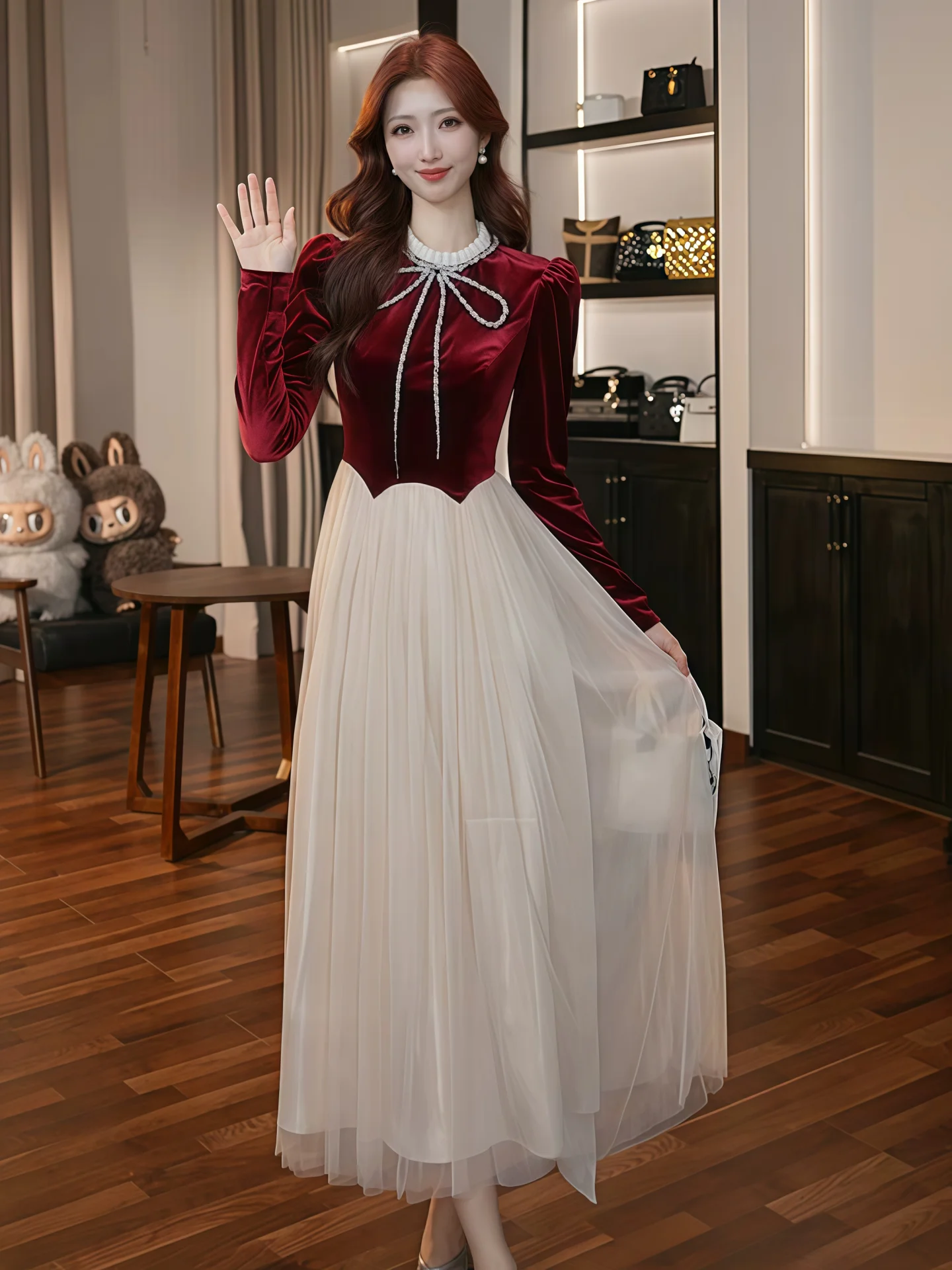 

Velvet Dr with Bow Tie for Women Faionable High Waist A-Line Skirt Long Sve Mid-Length Evening Gown