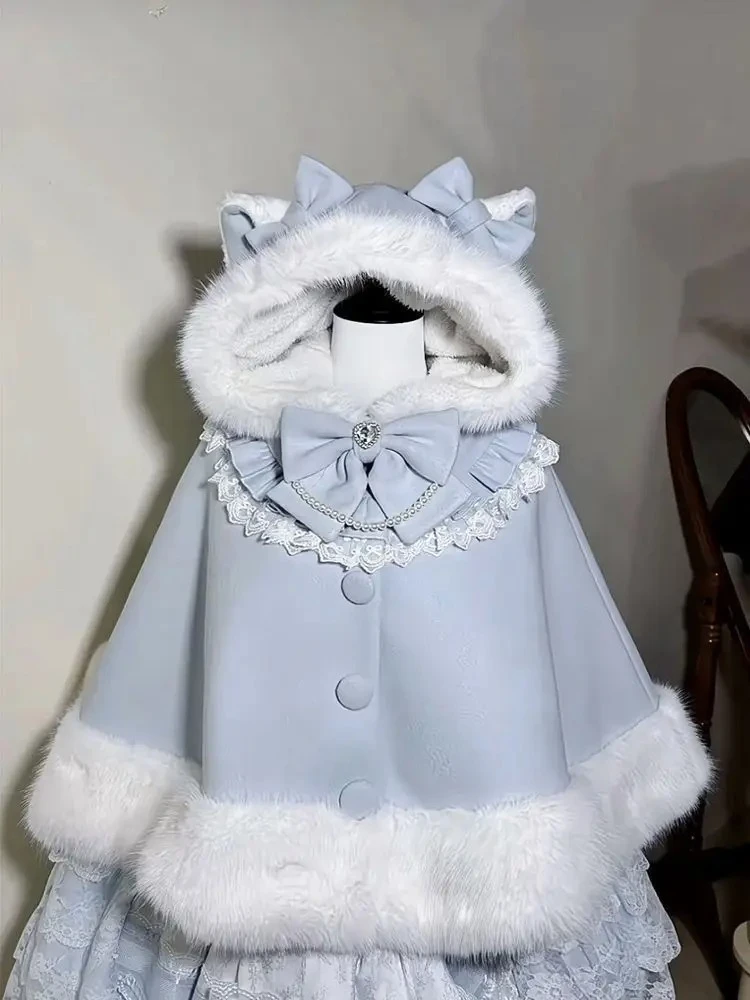 2025 natal inverno capa casaco feminino design arco lolita com capuz retalhos kawaii cope casaco feminino quente capa doce jaquetas