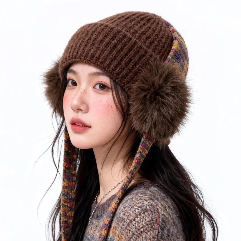 

Корейские модные цветные шапочки с помпоном на шнуровке для женщин, зимние туристические индивидуальные универсальные термозащитные пуловеры для ушей, шапка