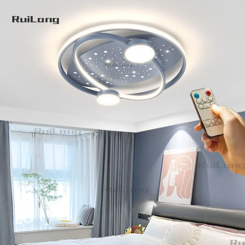 Dimmable Space Ceiling Light For Kids Room Boys Bedroom Decor Grey Moon Chandelier Cartoon Plafonnier led Baby Child Room Lamp