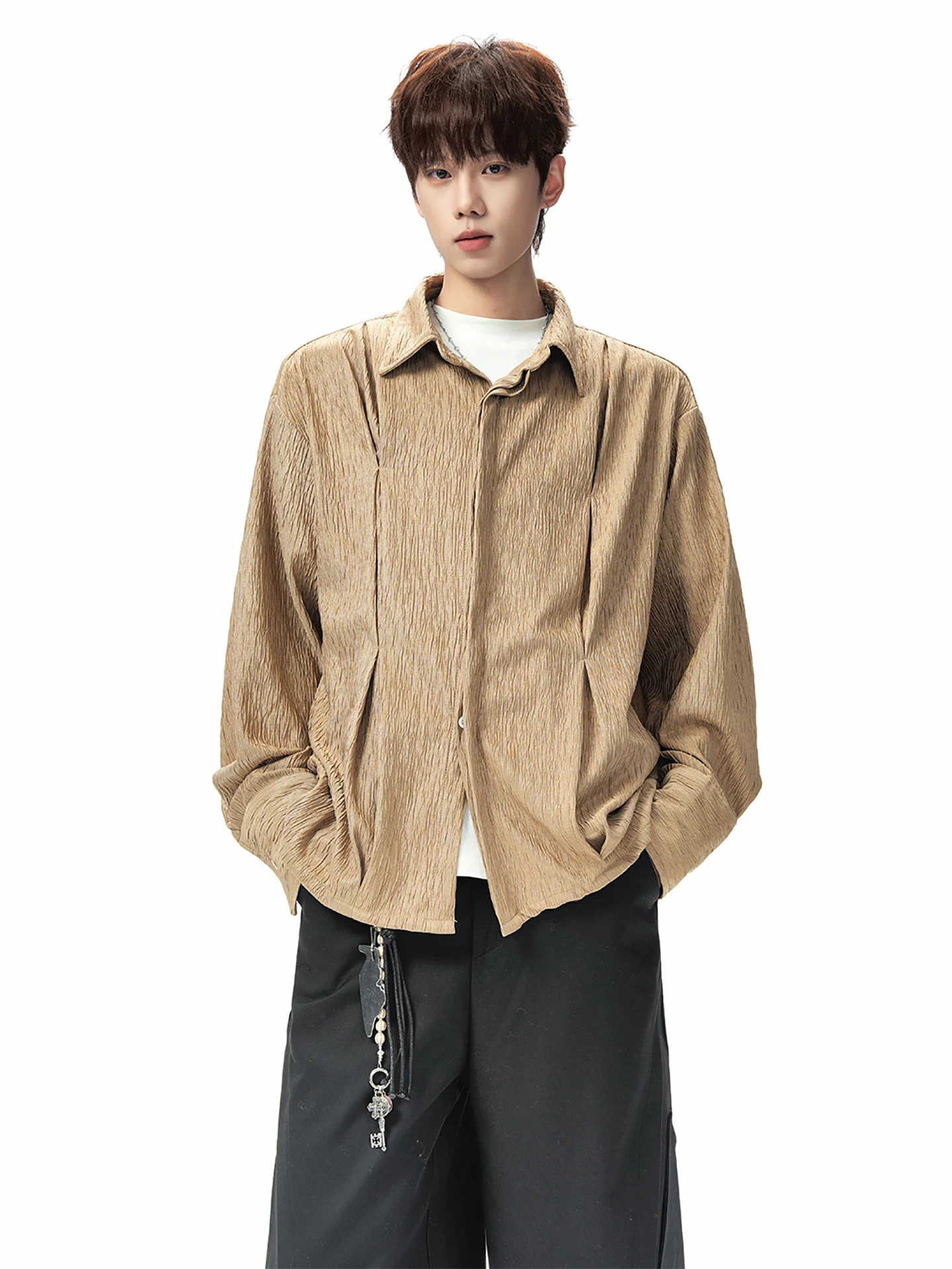 

Boyue Long Sve irt Women's Men's Wrinkle Texture Tree Pattern Simple High-End Feeling Casual Sle Polyester Spring Autumn