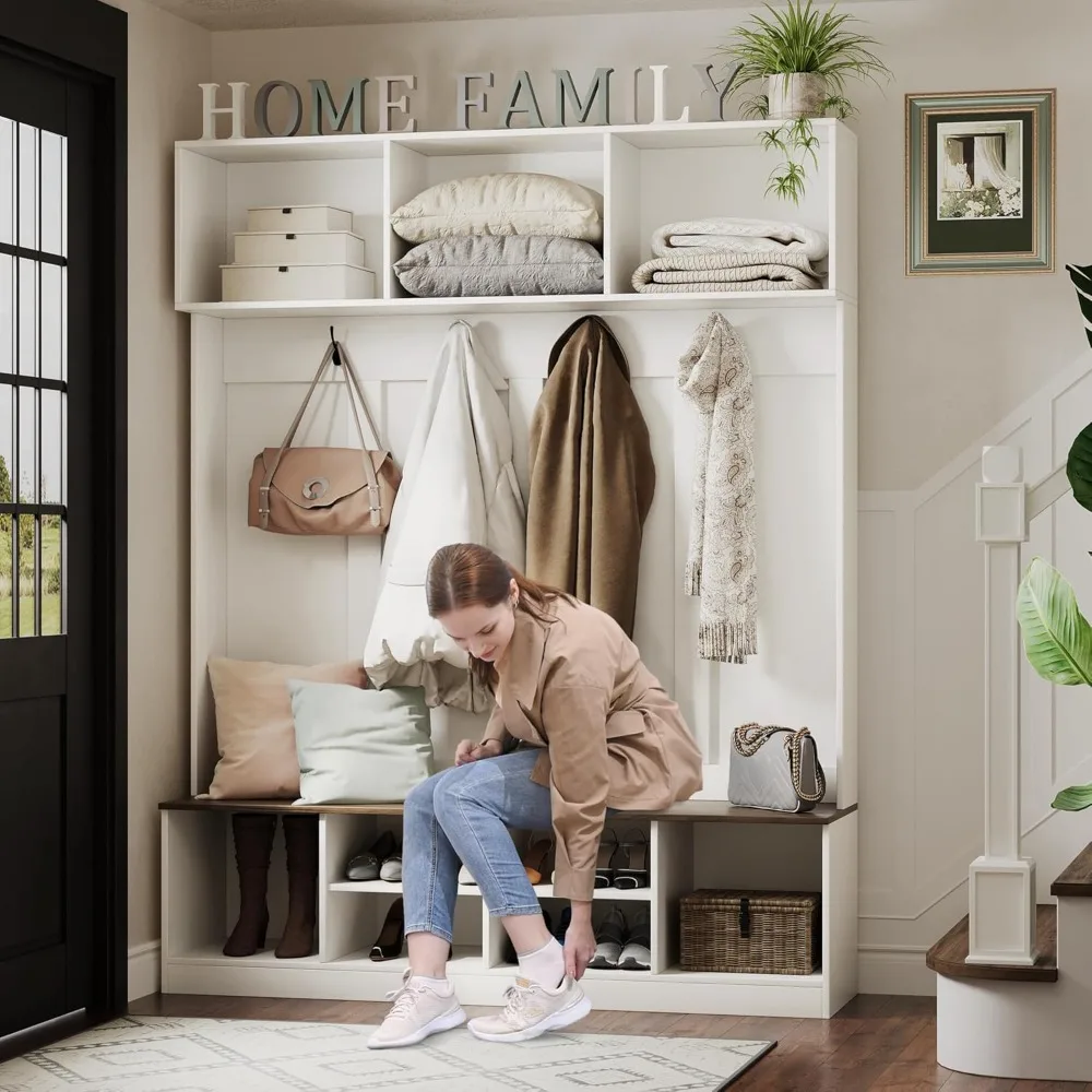 شجرة قاعة خشبية طويلة 75 طويلة على طراز المزرعة مع مقعد ورف معطف ورفوف تخزين للمدخل #2