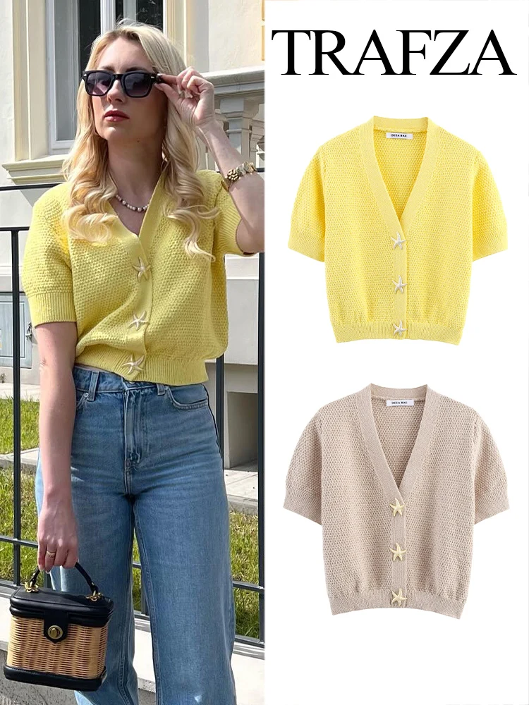 

TRAFZA Women's Summer New Solid Fashion Starfish Button Knitted Short Jacket Female Elegant V-neck Short Sleeve Cardigan Jacket