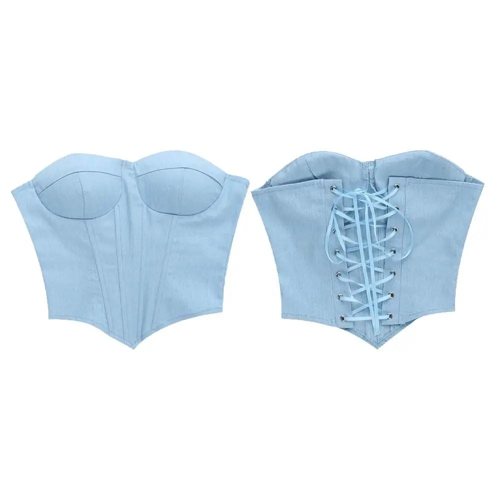 

INS Sweet Strapless Tube Top Fishbone Lacing Up Sleeveless Corset Top V Hem Streetwear Blue Denim Vest Party