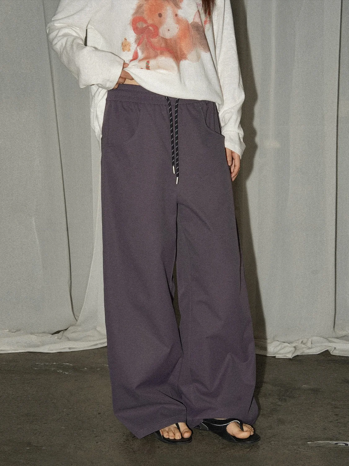 

JINGU High Waist Wide Leg Pants Casual Drawstring Embroidery Color Block Casual Pants for Women Polyester Fiber Elastic Waist