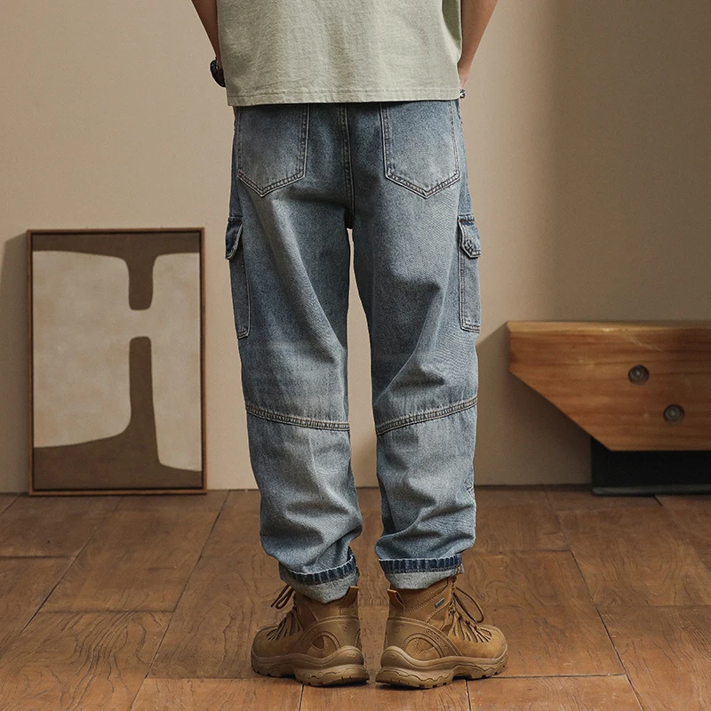 Loose Harem pants Japanese retro multi pocket jeans men's spring and autumn cargo clothes casual patchwork pants
