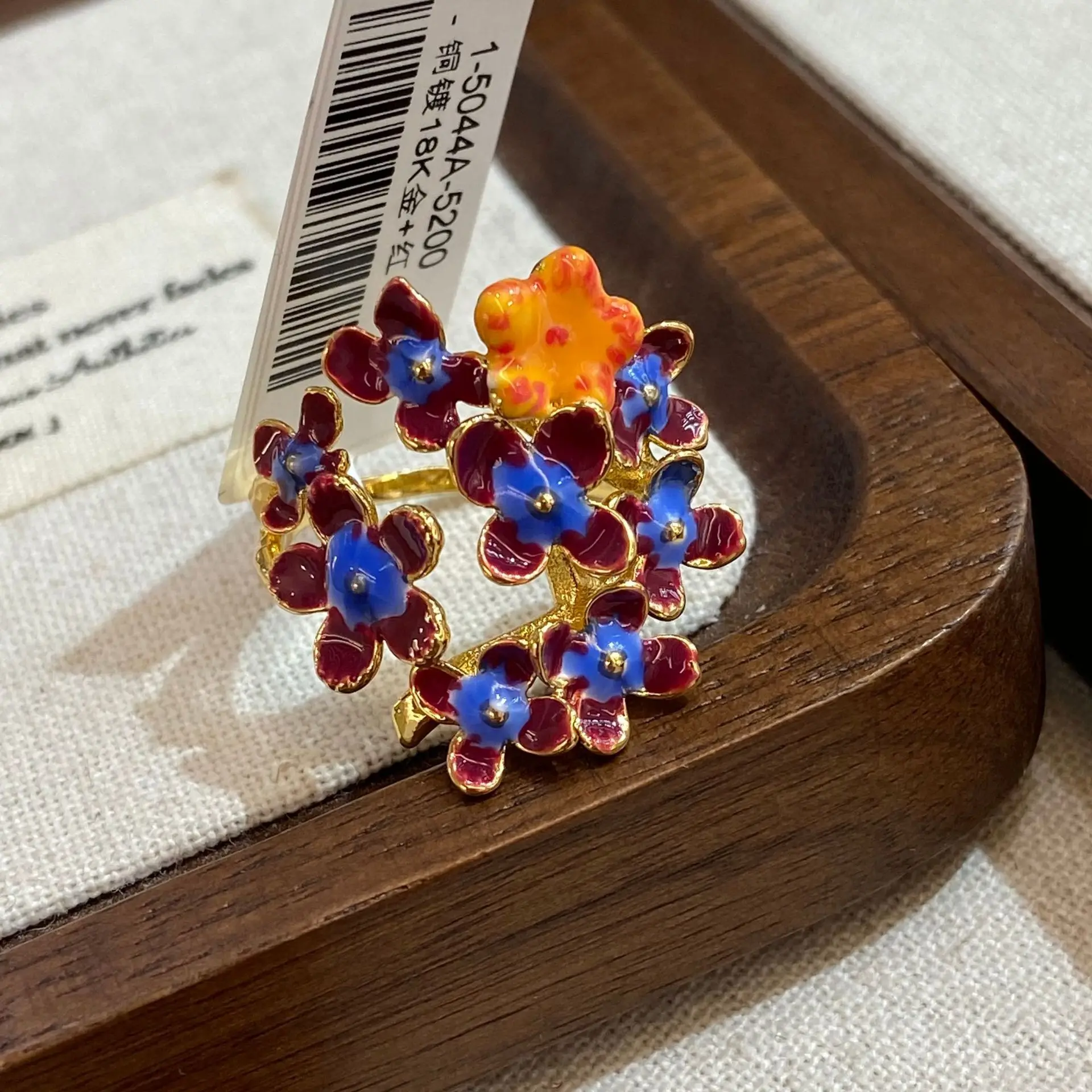 Oil Painted Red, Blue and Orange Mixed Flower Ring for Women Girl Vintage Enamel with Many Small Floral Rings Elegant Party Gift