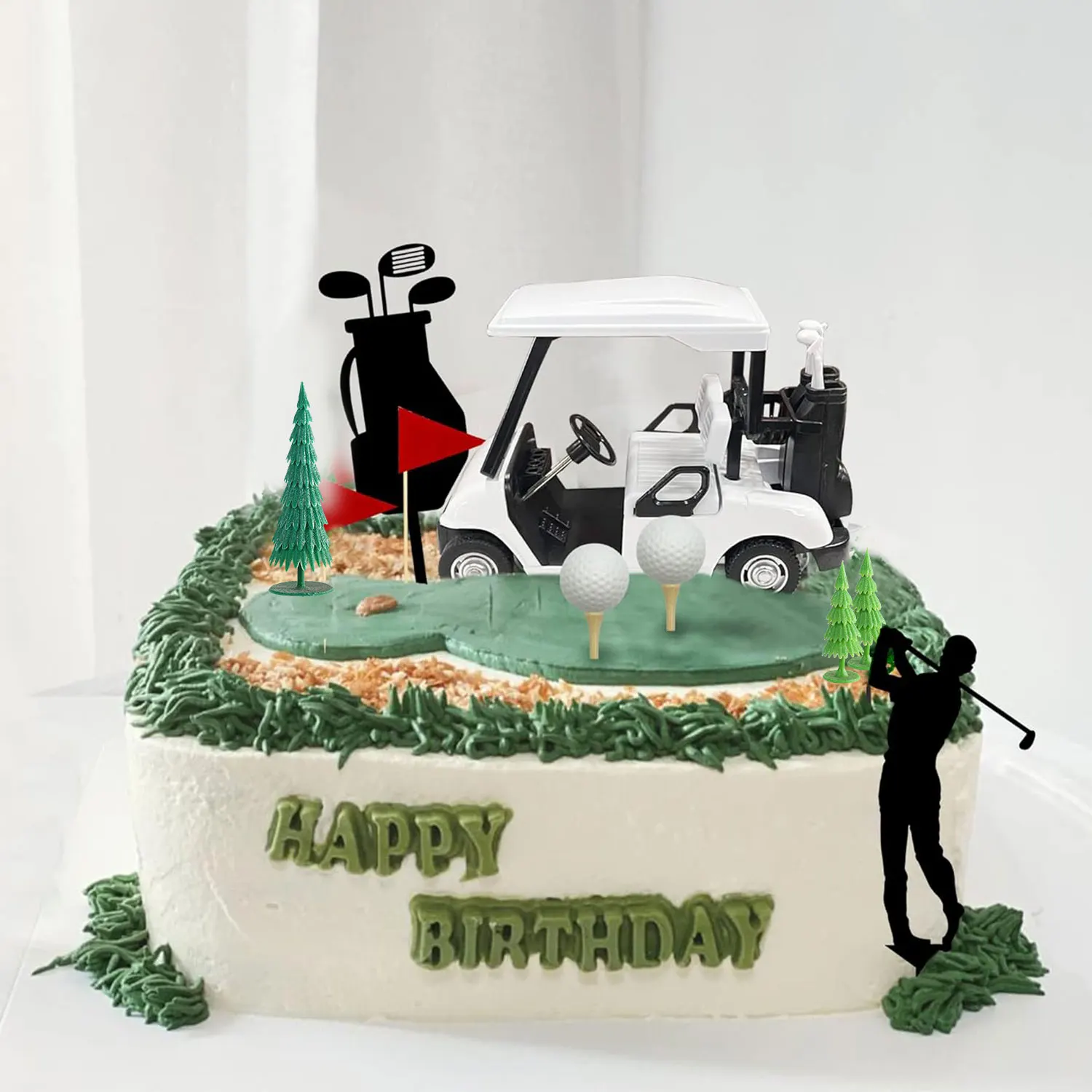 Green Golf Themed Birthday Cake Topper Cart Flag Golf Ball, Sports Theme Party Decorations  for Men and Women