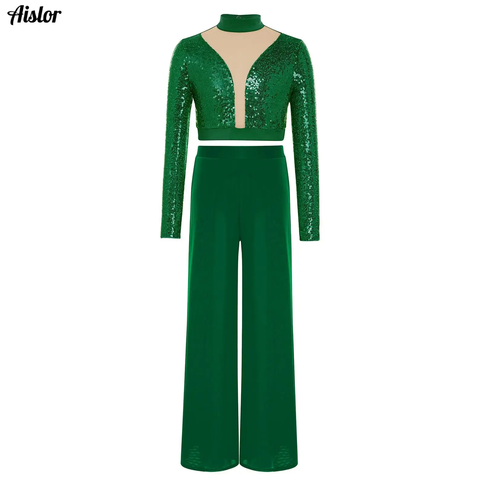 

Kids Girls Lyrical Dance Set Sequins Crop Top with Wide-Leg Pants Dancewear for Ballet Modern Skating Performance Competition