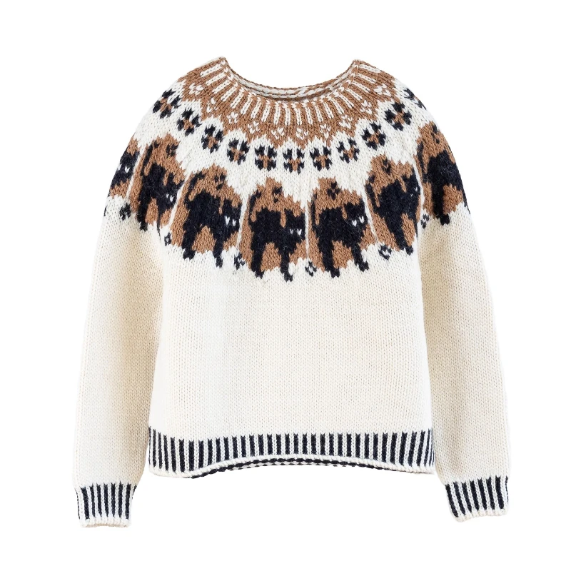 102cm Bust Fall Winter Pullovers Sweaters Women Vintage Fair Isle Nordic Pure Handmade Knitted Little Kitty 100% Wool Sweaters
