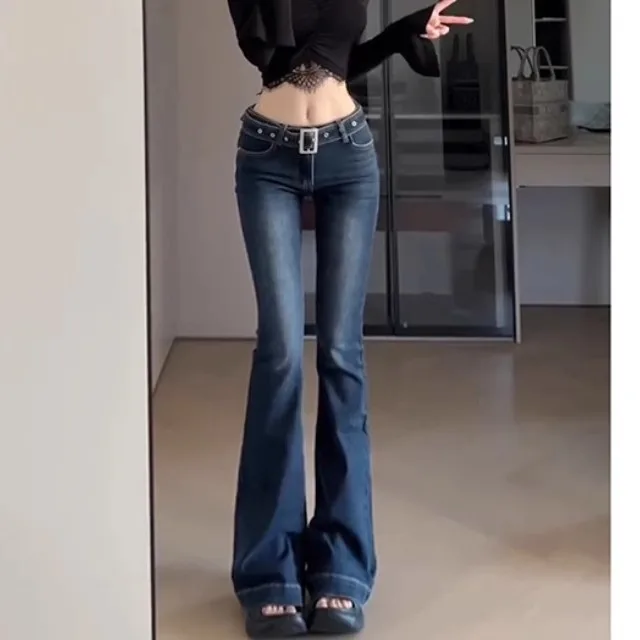 

Spring Autumn Women's Faion Long Denim Pants Low Waist Casual Sle Micro Flared Legs Deep Color Zipper Closure Slim Fit