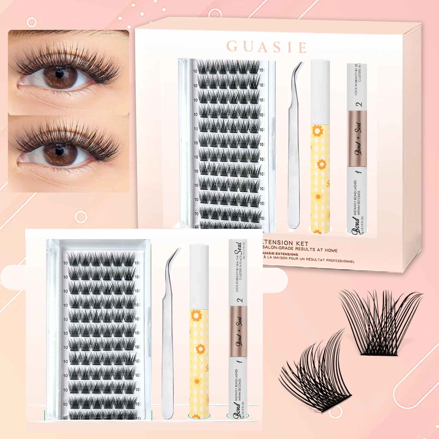 Zestaw do samodzielnego przedłużania rzęs Guasie Lashes, 72 szt. kępek rzęs, wodoodporny klej do rzęs i płyn do usuwania kleju do przedłużania rzęs DIY.