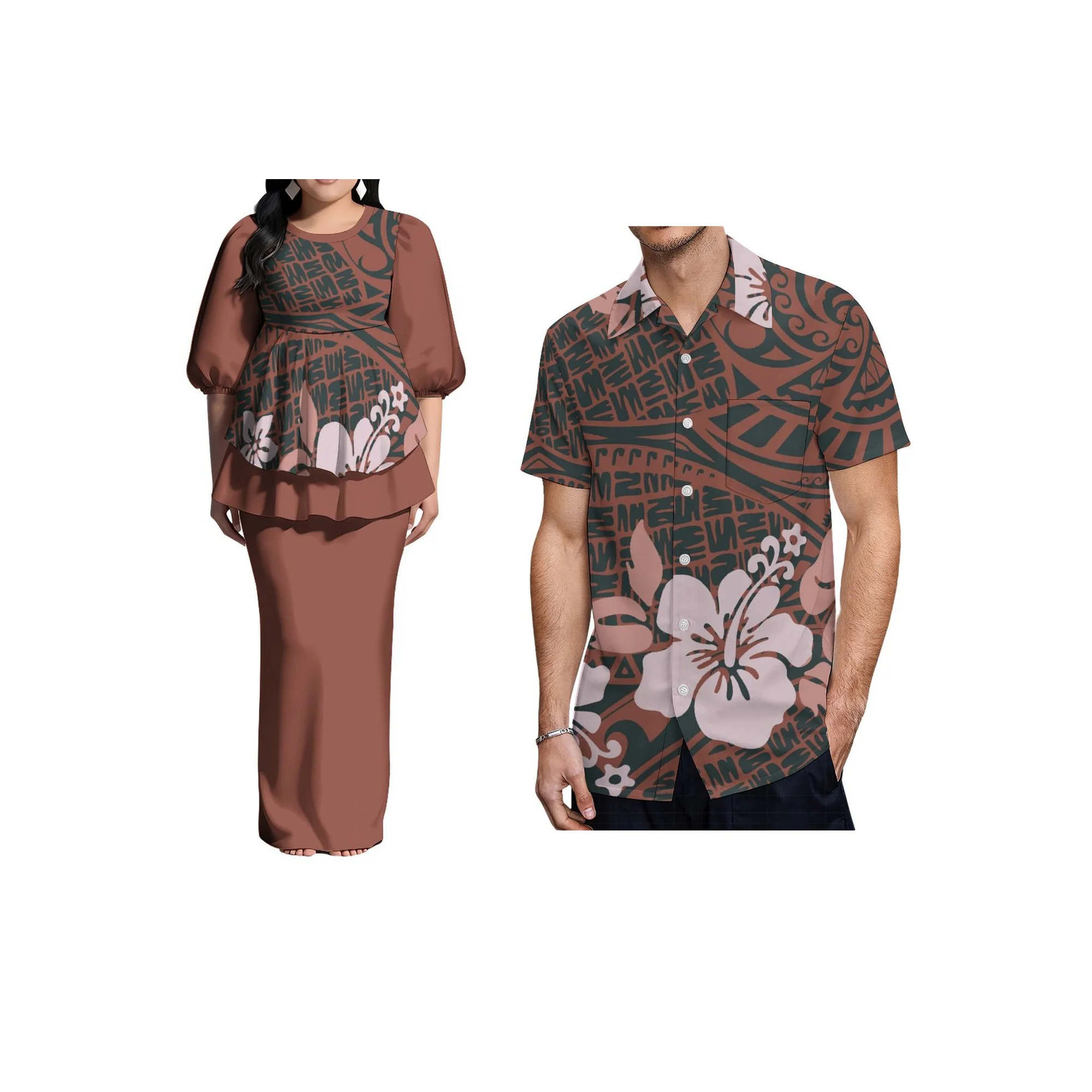 

Pacific Island Art Design Ladies Puff Sleeve Back Slit Dress Custom Tonga Samoan Puletasi Ruffle Dress Long Top and Skirts 2pcs