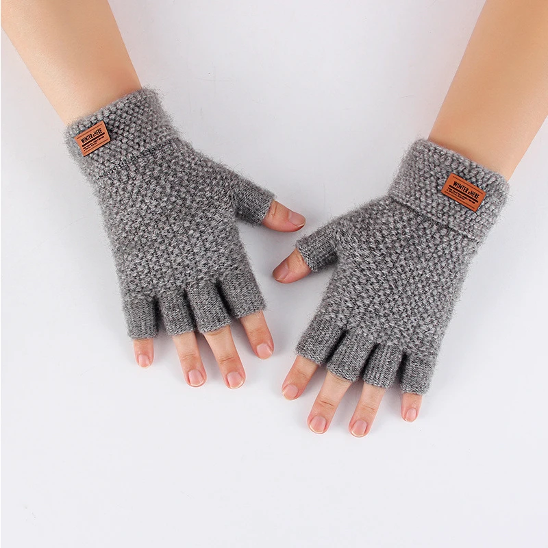 Guantes de punto elásticos para hombre y mujer, manoplas de medio dedo para pantalla táctil al aire libre, Color sólido, invierno, venta al por mayor